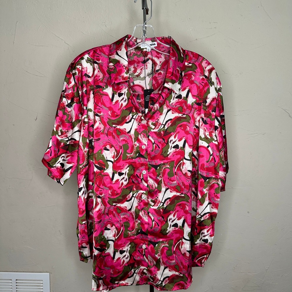 Fashion Nova Ava Abstract Shirt Fuchsia Combo  Button Down 1X